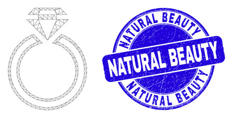 Obraz premium Web carcass jewelry ring pictogram and Natural Beauty watermark. Blue vector rounded distress watermark with Natural Beauty text.