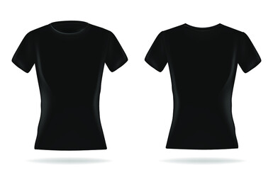 Black woman t-shirt realistic mockup set from front and back view on white background, blank textile print design template for fashion apparel - vector illustration
