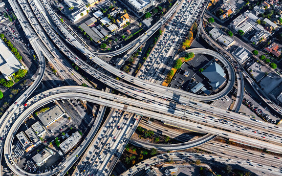 Aerial View Of A Massive Highway Intersection In Los Angeles