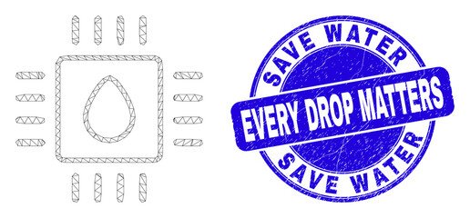 Fototapeta premium Web carcass liquid processor pictogram and Save Water Every Drop Matters seal stamp. Blue vector round grunge seal stamp with Save Water Every Drop Matters title.