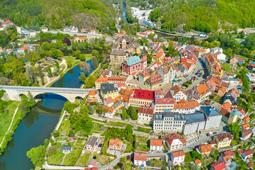 Panoramic view on a small Czech town around Loket castle and river Ohri, near Karlovy Vary, Czech Republic. 