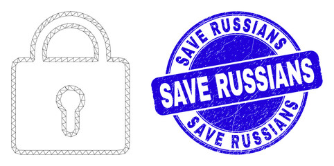 Web mesh lock icon and Save Russians seal. Blue vector rounded distress seal with Save Russians caption. Abstract frame mesh polygonal model created from lock pictogram.