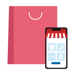 Smartphone with tent and bag design of Shopping online ecommerce market retail and buy theme Vector illustration