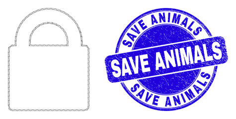 Web mesh lock pictogram and Save Animals stamp. Blue vector round distress seal stamp with Save Animals title. Abstract frame mesh polygonal model created from lock pictogram.
