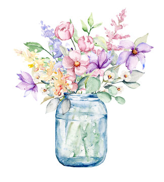 Pink and purple flowers watercolor in a jar, floral clip art. Bouquet perfectly for printing design on invitations, cards, wall art and other. Isolated on white background. Hand painting. 