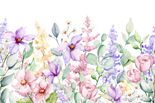 Watercolor flowers, repeating border, hand drawn wildflower illustration. Perfect for floral design greeting card, blog, site, banner, wedding invitation. Isolated on white. 