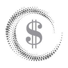 Halftone dollar sign in circle form. Round logo or icon. Vector frame as design element. In center is the repeated element.