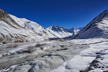 Road to Rumbak Valley and Yarutse, Hemis NP, Ladak, India. River with snow during winter,...