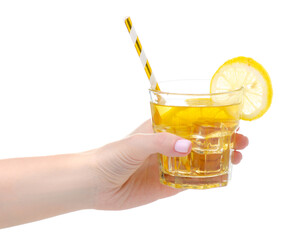 Glass of lemonade water with lemon, cocktail straw in hand on white background isolation