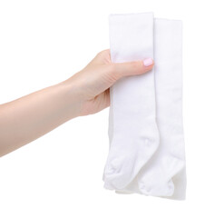 Child's white tights in hand on white background isolation