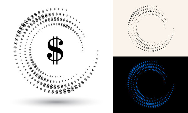 Halftone dollar sign in circle form. Round logo or icon. Vector frame as design element. In center is the repeated element.