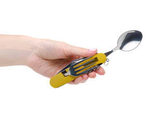Folding knife fork spoon in hand on white background isolation