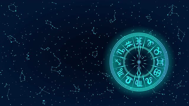 Round Frame with Zodiac Sign. Blue Horoscope Symbol and Arrow. Panoramic Sky Map of Hemisphere. Colorful Constellations on Starry Night Background. Loop Seamless Stock Footage. 3D Graphic