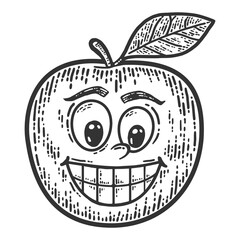 Apple with a comic face. Sketch scratch board imitation. Black and white.