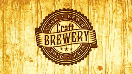sign for international craft brewery known for variety of beer types offer designed with pyrography graphic on wood
