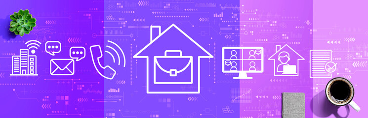 Telework theme with a cup of coffee and a notebook