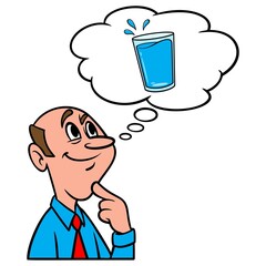 Thinking about a glass of Water - A cartoon illustration of a man thinking about a glass of Water.