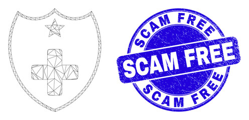 Web mesh medical shield icon and Scam Free seal stamp. Blue vector rounded distress seal stamp with Scam Free text. Abstract frame mesh polygonal model created from medical shield icon.