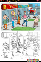 cartoon people characters in the city coloring book page