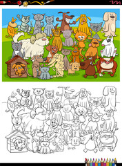 cartoon funny dogs and cats group coloring book page