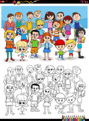 cartoon children characters group coloring book page