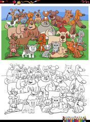 cartoon funny cats and dogs group coloring book page