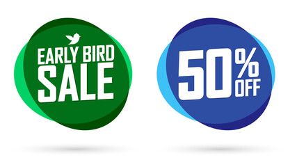 Early Bird Sale, 50% off, banners design template, discount tags, vector illustration