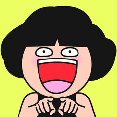 Closeup Portrait Of Girl Laughing With Mouth Open Wide While Pointing Fingers At Someone Concept Card Character illustration