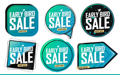 Set Early Bird Sale banners, discount tags design template, vector illustration