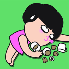 Shocked Girl laying Among Empty Coffee Cups And Capsules Concept Card Character illustration