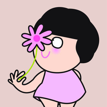 Pretty Girl Holding Pink Flower Over Right Eye Concept Card Character illustration