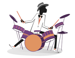 African drummer and drum kit illustration. Cartoon African man plays on drums isolated on white illustration
