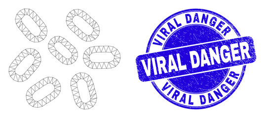 Web mesh microbes pictogram and Viral Danger seal stamp. Blue vector rounded grunge seal stamp with Viral Danger text. Abstract carcass mesh polygonal model created from microbes pictogram.