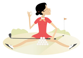 Smiling young woman recreates on the golf course illustration. Pretty young woman sits on the grass in front of a pile of golf balls and holds a golf ball and golf club 
