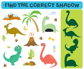 Find the correct shadow: Adorable dinosaurs isolated on white background. Dinosaur footprint, Volcano - 356215838
