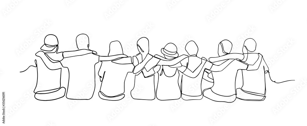 Wall mural a group of men and women sitting together have their friendship one line drawing. single continuous 