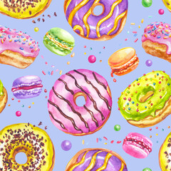 Donuts, macaroon and jelly beans seamless pattern on a blue background, watercolor illustration, print for fabric, background for various designs.