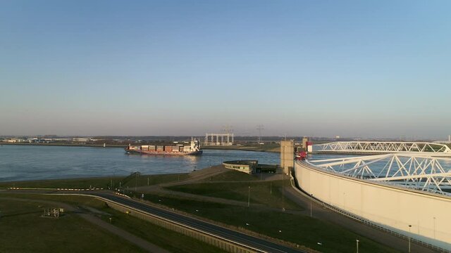 WS POV SLO MO Maeslantkering, part of Deltawerken system of flood barriers and dykes / Rotterdam, Zuid-Holland, Netherlands