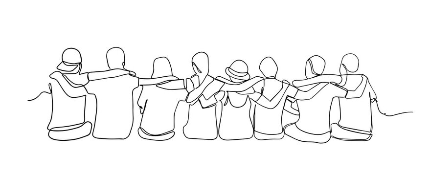 A group of men and women sitting together have their friendship one line drawing. Single continuous line drawing about group of men and woman from multi ethnic standing together vector illustration.