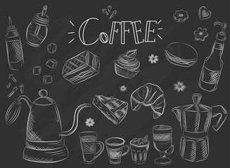 Hand Drawn Set Coffee Vector Illustration Breakfast. Vintage coffee objects for restaurant or cafe menu