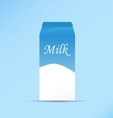 Vector flat illustration of milk packaging on a blue background. Icon for web. milk box isolated on a white background. Dairy beverage branding at carton container with lid, realistic package drawing.