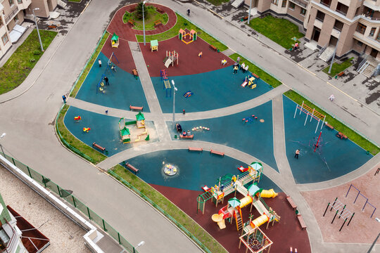 Recreation Children's Play In New Residential Area For People Relaxation Neighborhood Community. Urban Development Concept Image