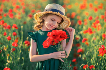 Cute little girl in green dress and straw hat with a bouquet of poppies posing at field of poppies in her hands on summer sunset.