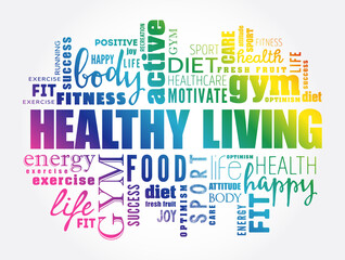 Healthy Living word cloud collage, health concept background