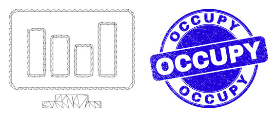 Web carcass online chart pictogram and Occupy seal stamp. Blue vector rounded grunge seal stamp with Occupy message. Abstract frame mesh polygonal model created from online chart pictogram.