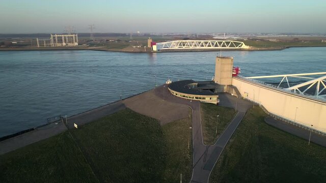 WS POV SLO MO Maeslantkering, part of Deltawerken system of flood barriers and dykes / Rotterdam, Zuid-Holland, Netherlands