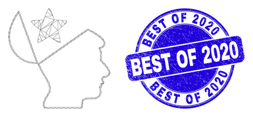Web mesh open mind star pictogram and Best of 2020 seal stamp. Blue vector rounded grunge seal stamp with Best of 2020 message.