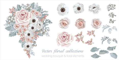 Vector floral set with leaves and flowers. Elements for your compositions, greeting cards or wedding invitations. Roses, white anemones and rose berries