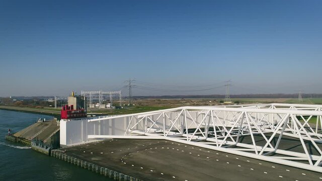 WS POV SLO MO Maeslantkering, part of Deltawerken system of flood barriers and dykes / Rotterdam, Zuid-Holland, Netherlands