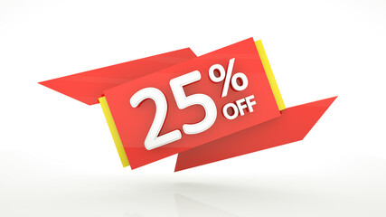 Up to 25% off special offer 3d rendering red digits banner, template twenty five percent. Sale, discount, coupon. Red, yellow, white glossy numbers. Illustration isolated on white background.